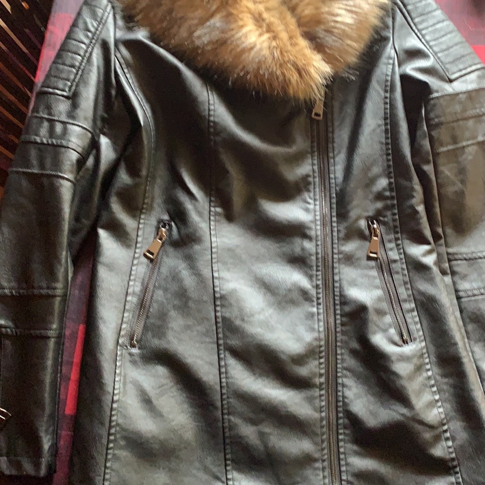 Black faux leather jacket fur collar